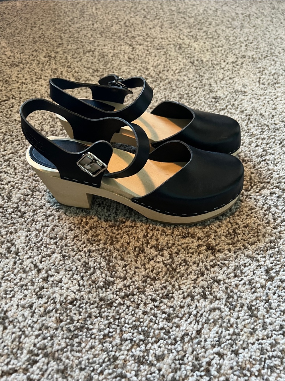 Swedish Hasbeens Black Leather Slingback Clogs with Natural Wood Heel
